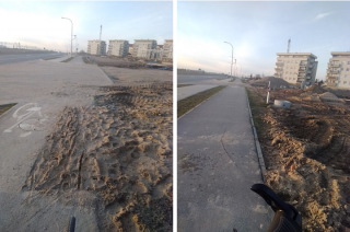 Zabłocona ulica, uszkodzona ścieżka rowerowa